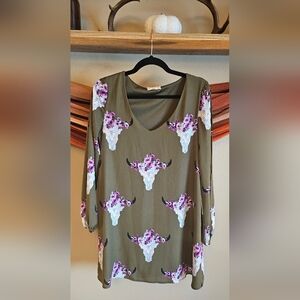 Altar'd State - Olive Green Dress w/ Purple/Pink Floral Skull Print